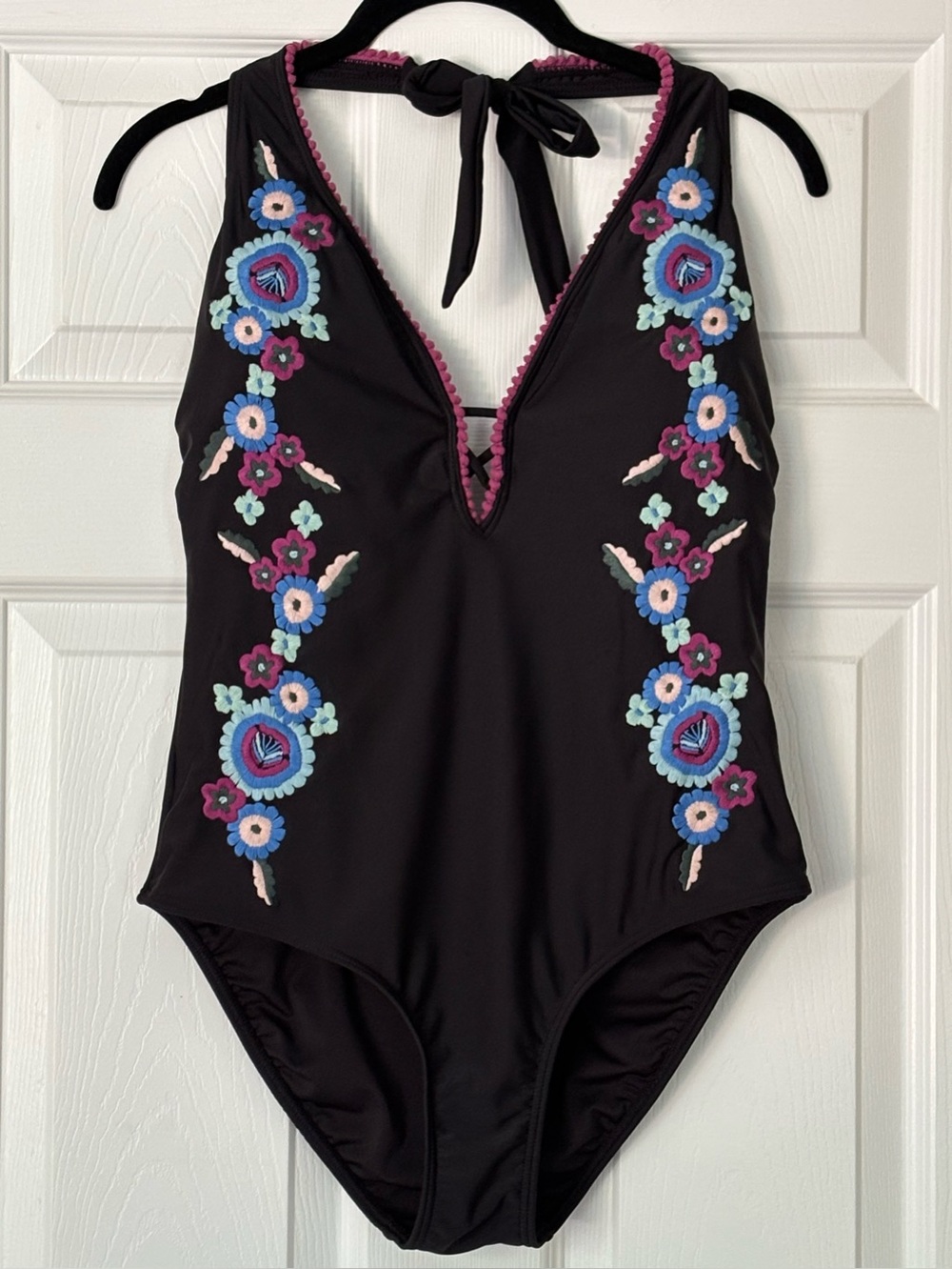 Venus Black Halter One Piece Embroidered Swim Suit Size 12 EUC